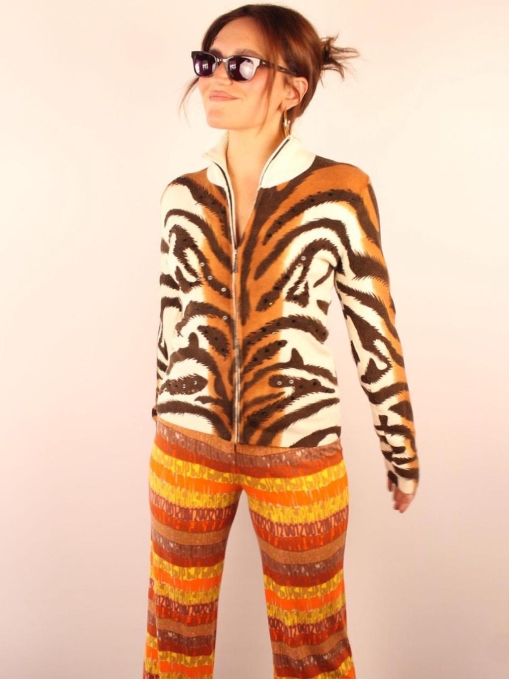 Tiger-Print Zip Cardigan Sweater in Brown and Cream